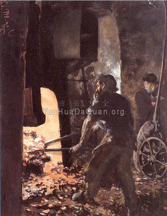 Self-Portrait with Worker near the Steam-hammer - 阿道夫·冯·门采尔